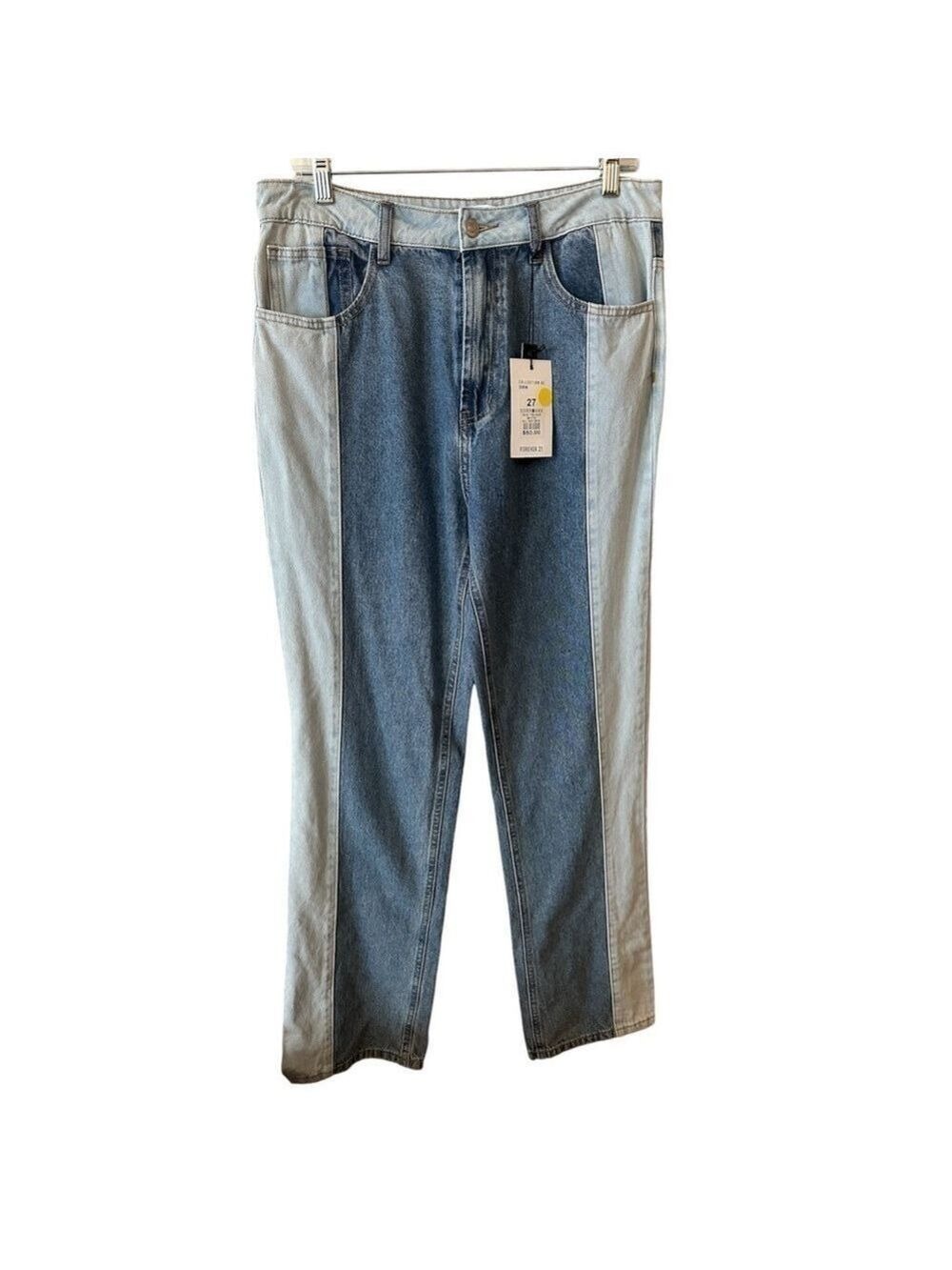 Forever 21 Two-Tone Non-Stretch Denim High Rise Straight Leg Mom Jeans